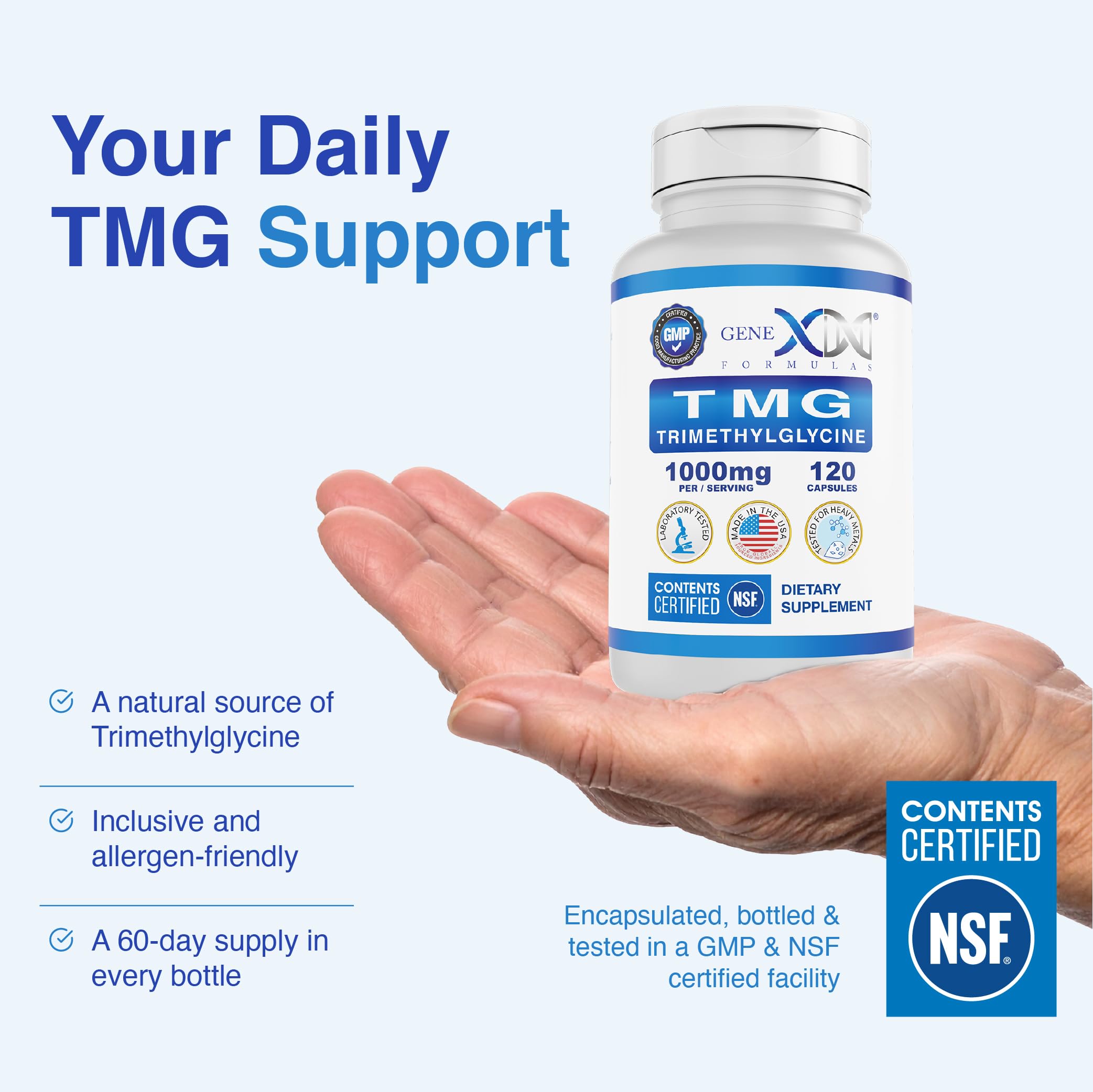 Genex Formulas TMG daily-use calendar shows simple reminders for consistency
