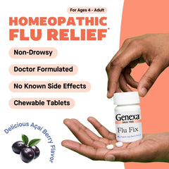 Genexa Flu Fix bottle with acai flavor tablets signaling non-drowsy relief.