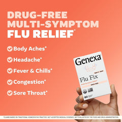 Genexa Flu Fix chewable tablets shown for kid-friendly, multi-symptom relief.