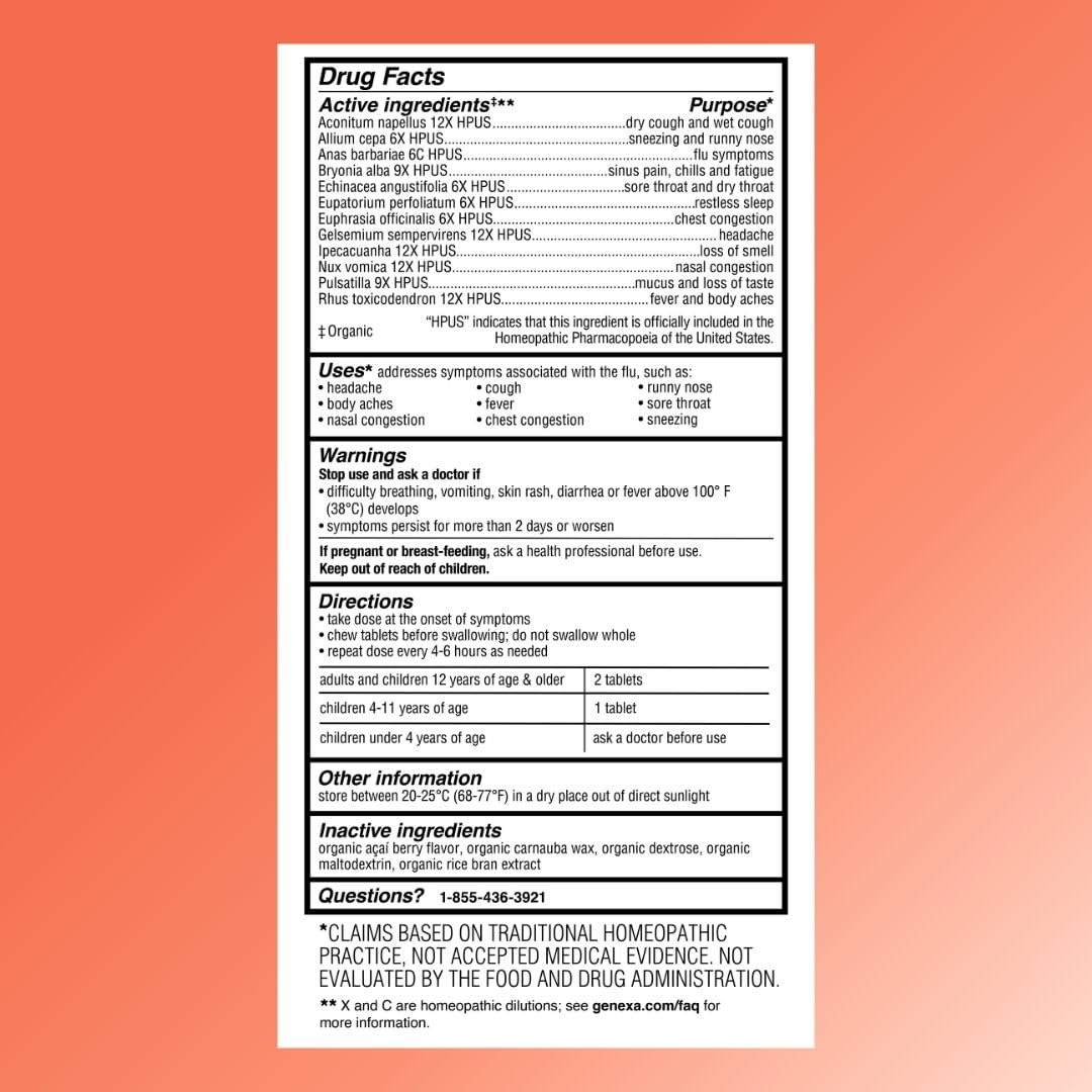 Genexa Flu Fix tablets close-up, featuring pleasant acai berry flavor.