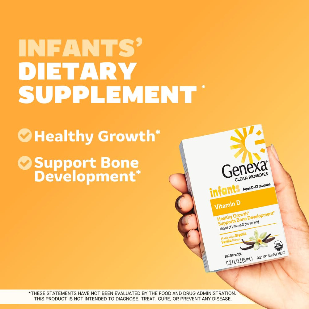 Genexa Infants Vitamin D Drops dropper showing gentle single-drop dosing for on-the-go use.