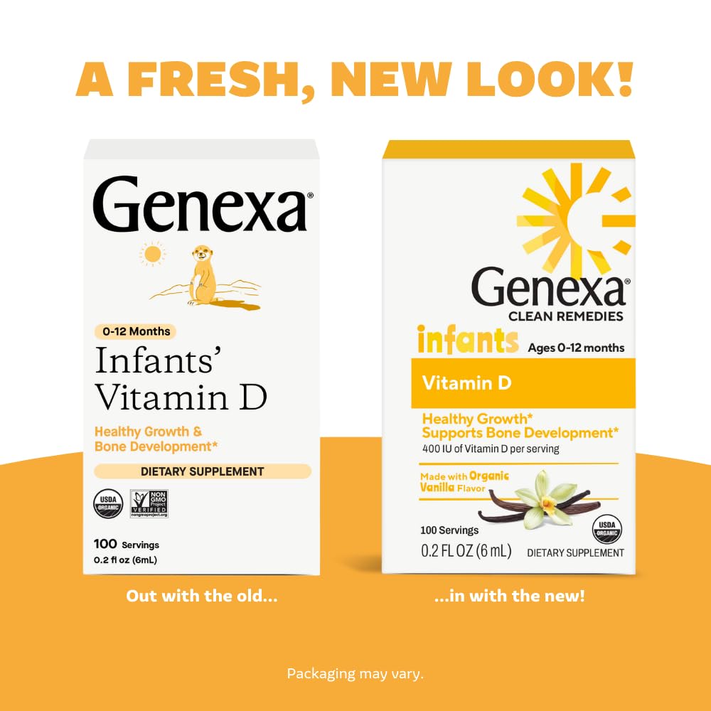 Genexa Vitamin D Drops bottle labeled Made in USA with organic ingredients.