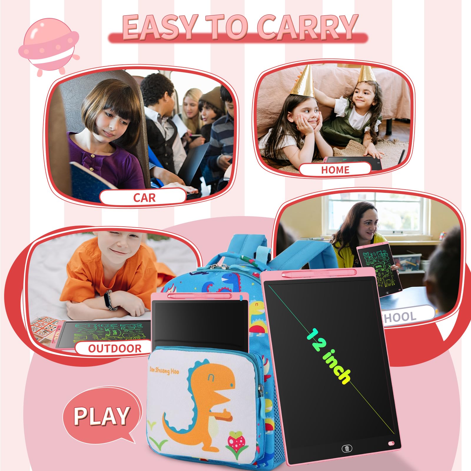 Genialba portable kid's tablet fits in bags for travel.