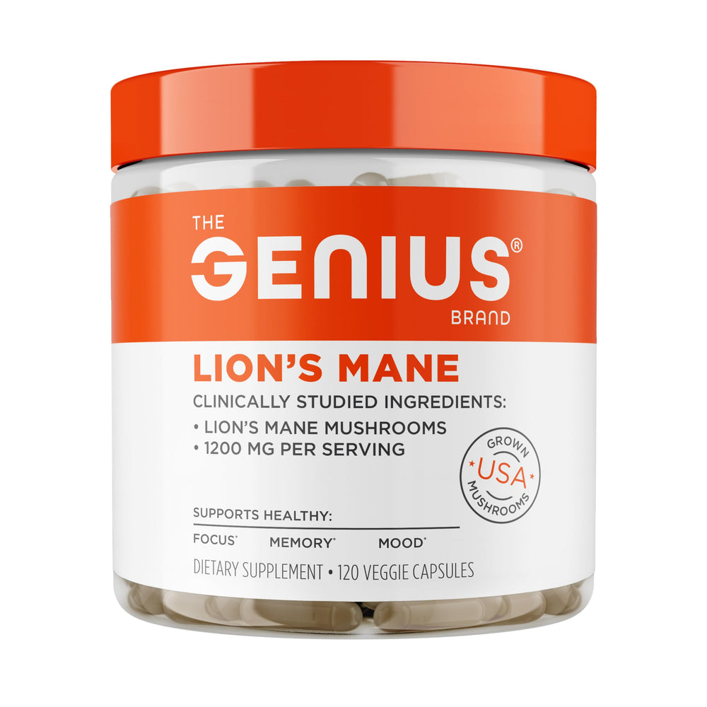 The Genius Brand Genius Lion's Mane bottle front for daily focus support.