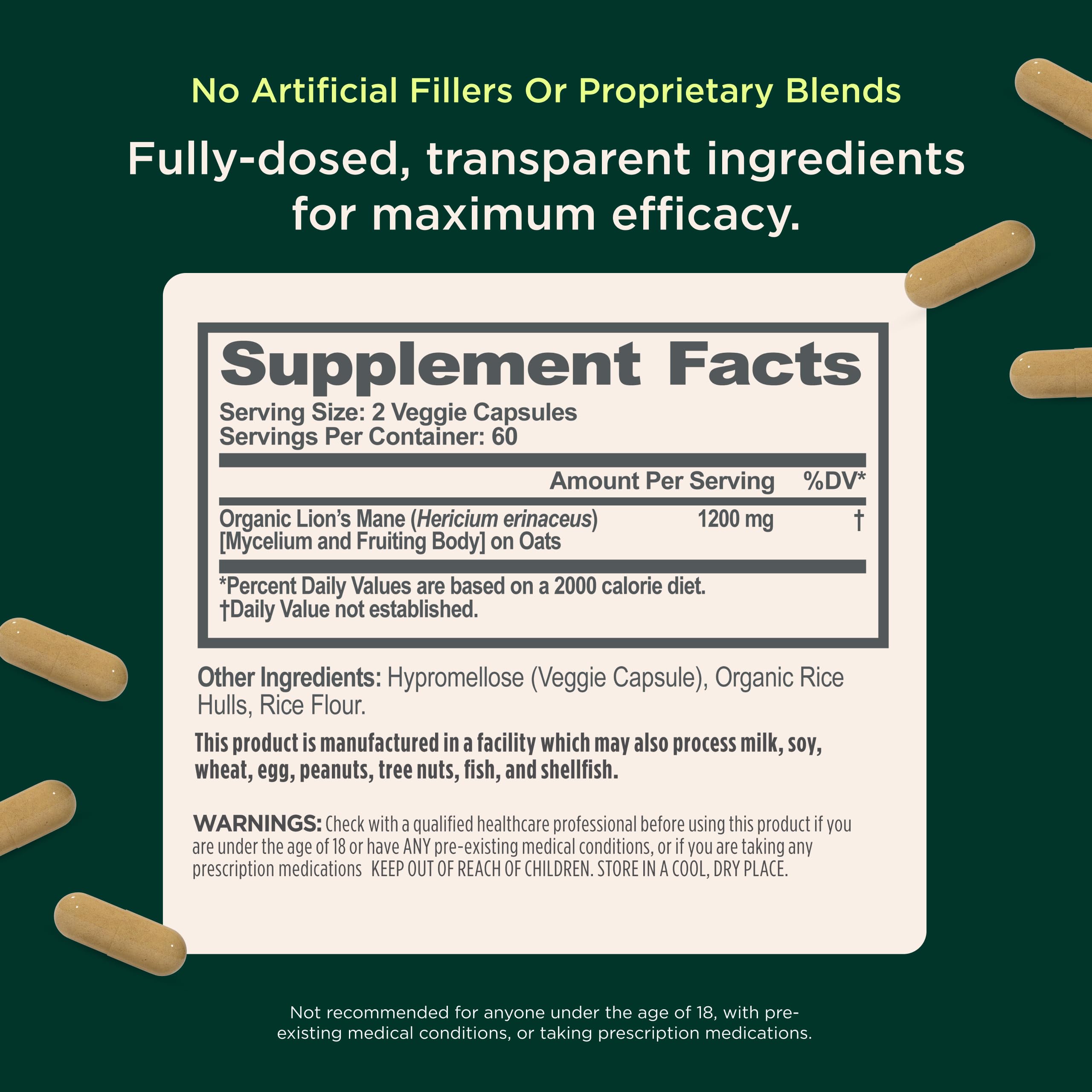 Genius Lion's Mane capsules closeup highlighting plant-based brain support.