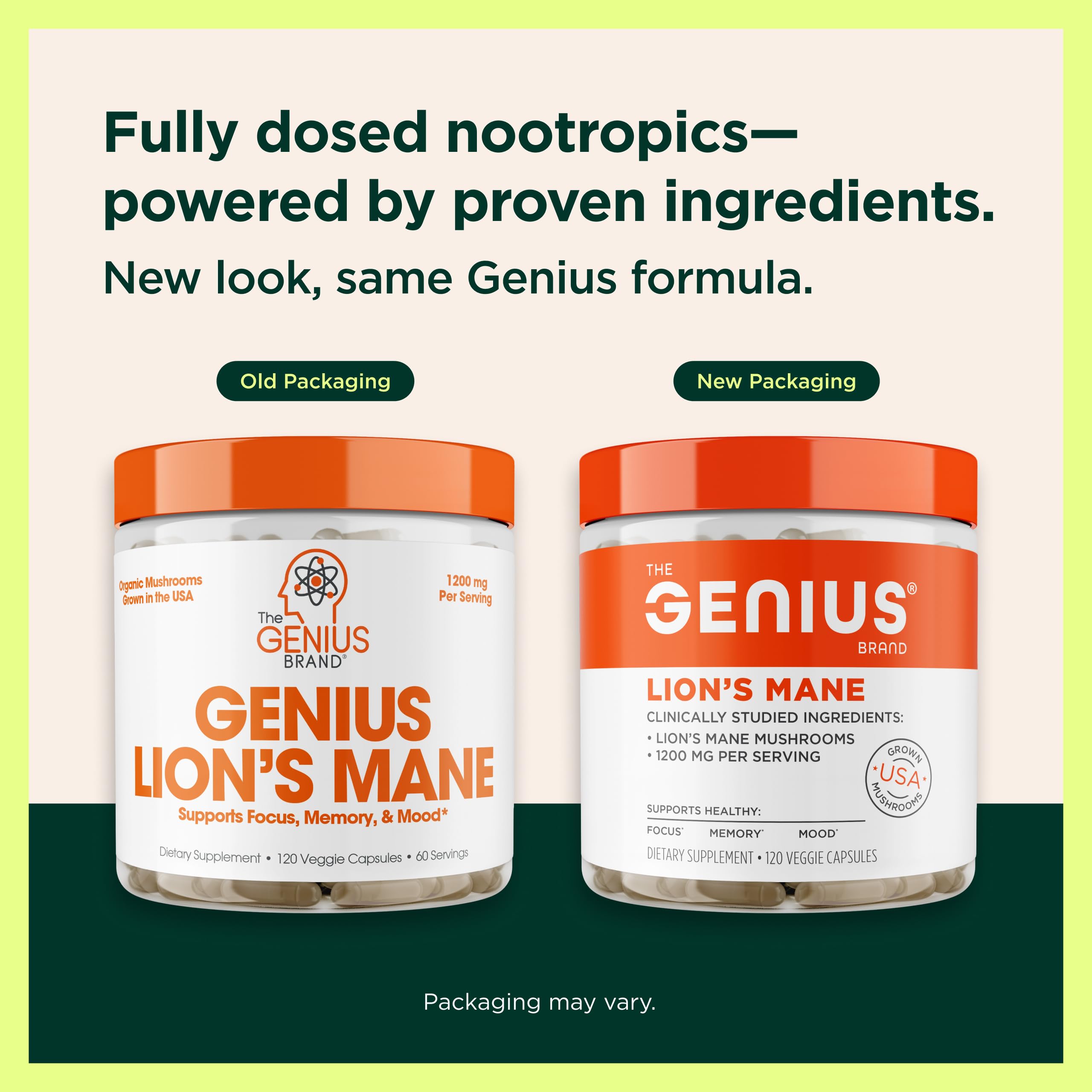 Genius Brand Lion's Mane packaging illustration showing eco-friendly, natural ingredients.
