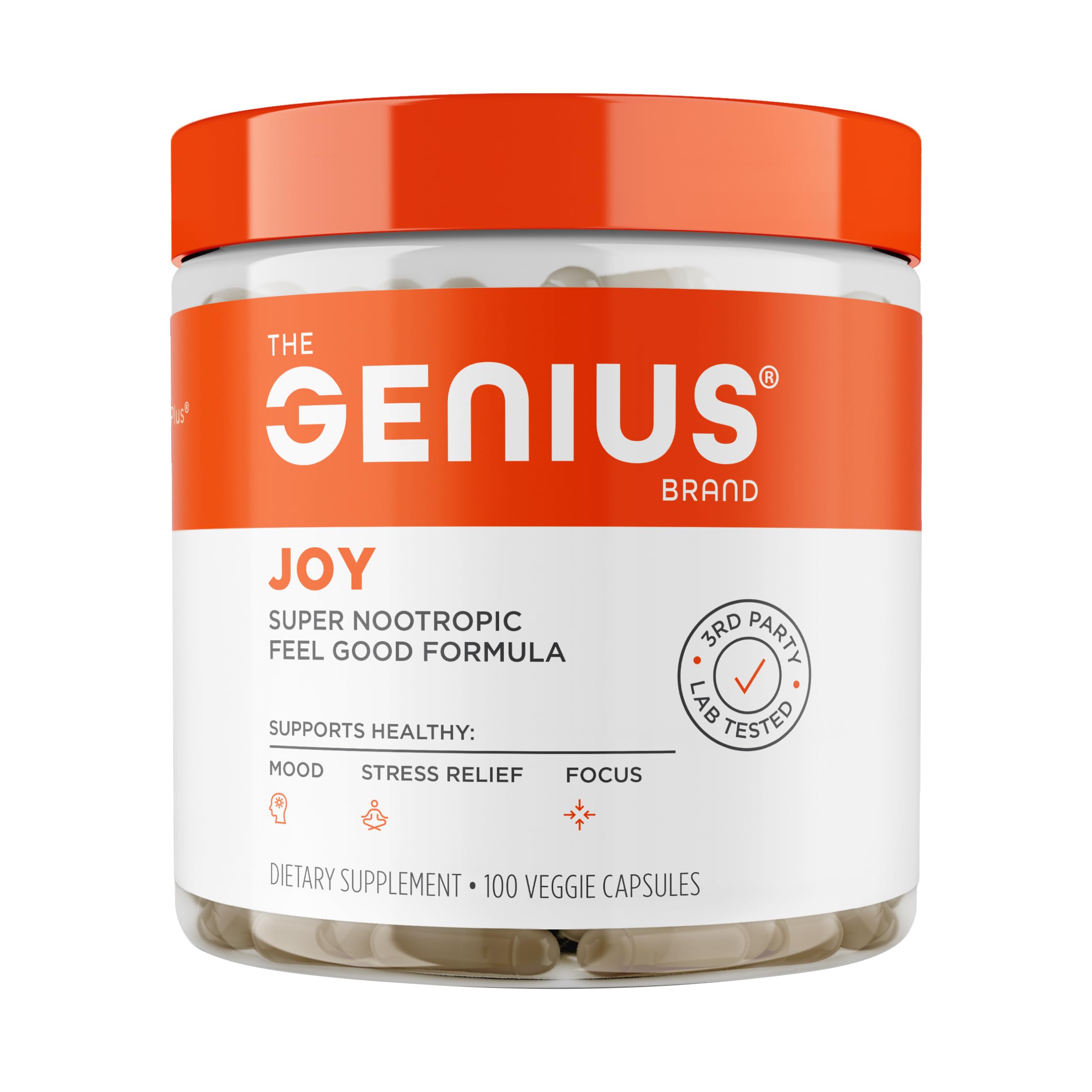 The Genius Brand Genius Joy bottle front for daily mood and focus support.