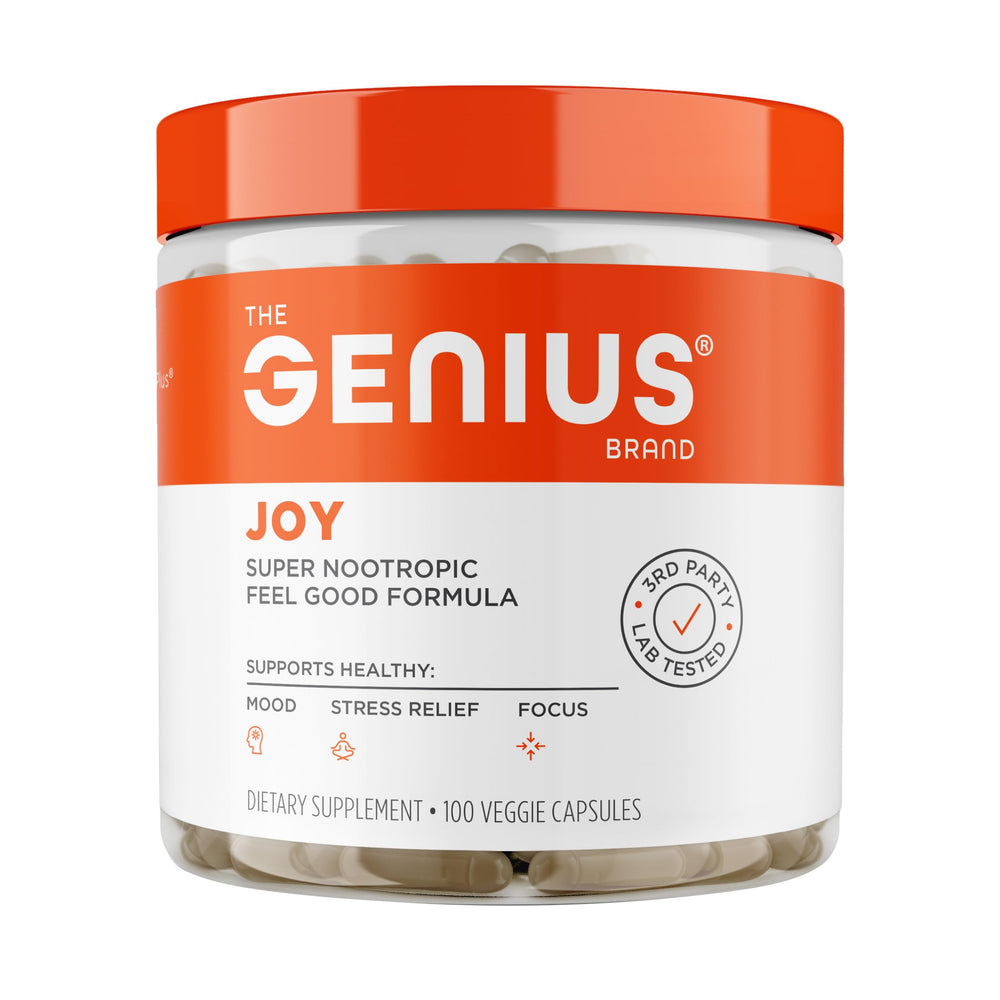 The Genius Brand Genius Joy bottle front for daily mood and focus support.