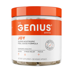 The Genius Brand Genius Joy bottle front for daily mood and focus support.