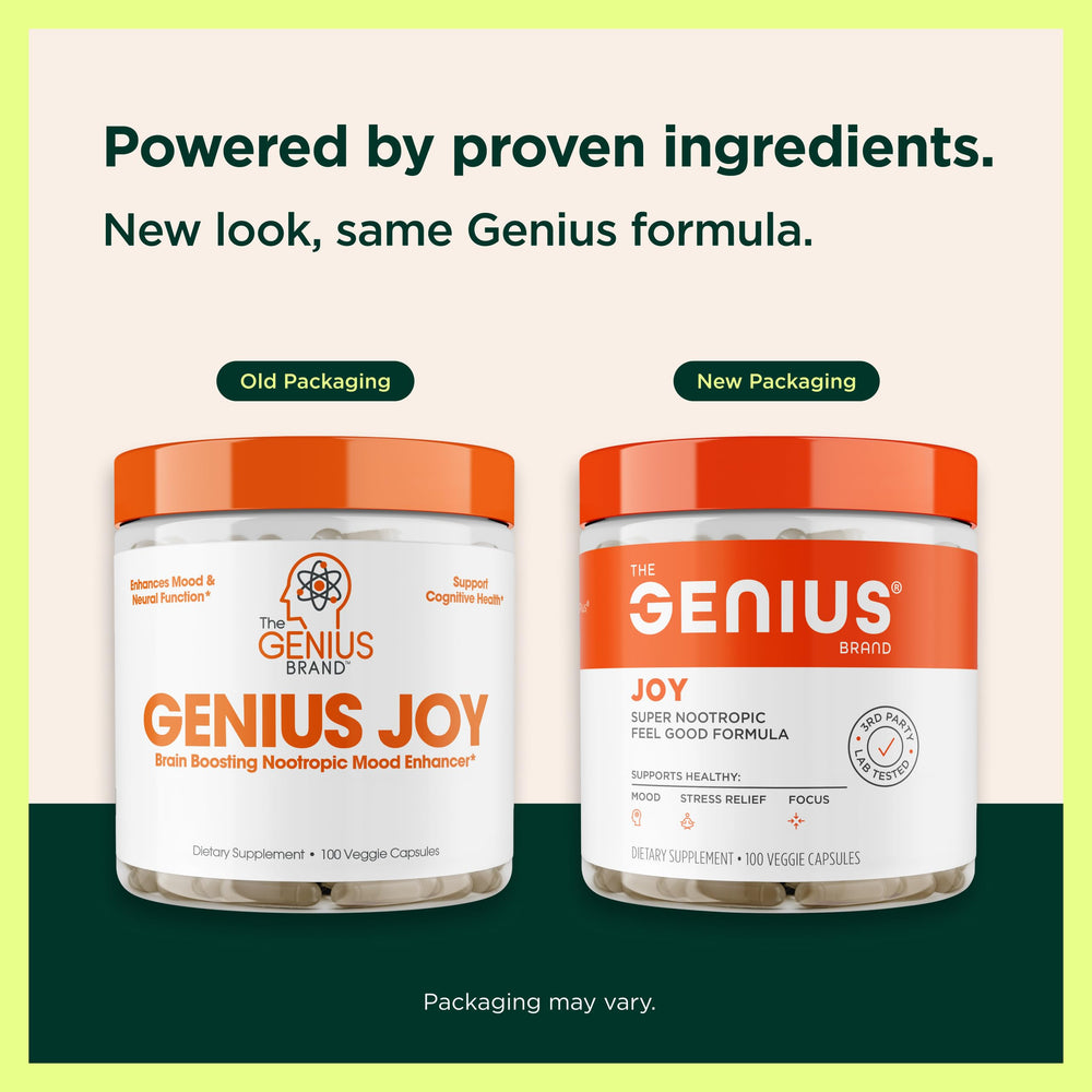 The Genius Brand Genius Joy bottle spill emphasizing easy integration into routines.