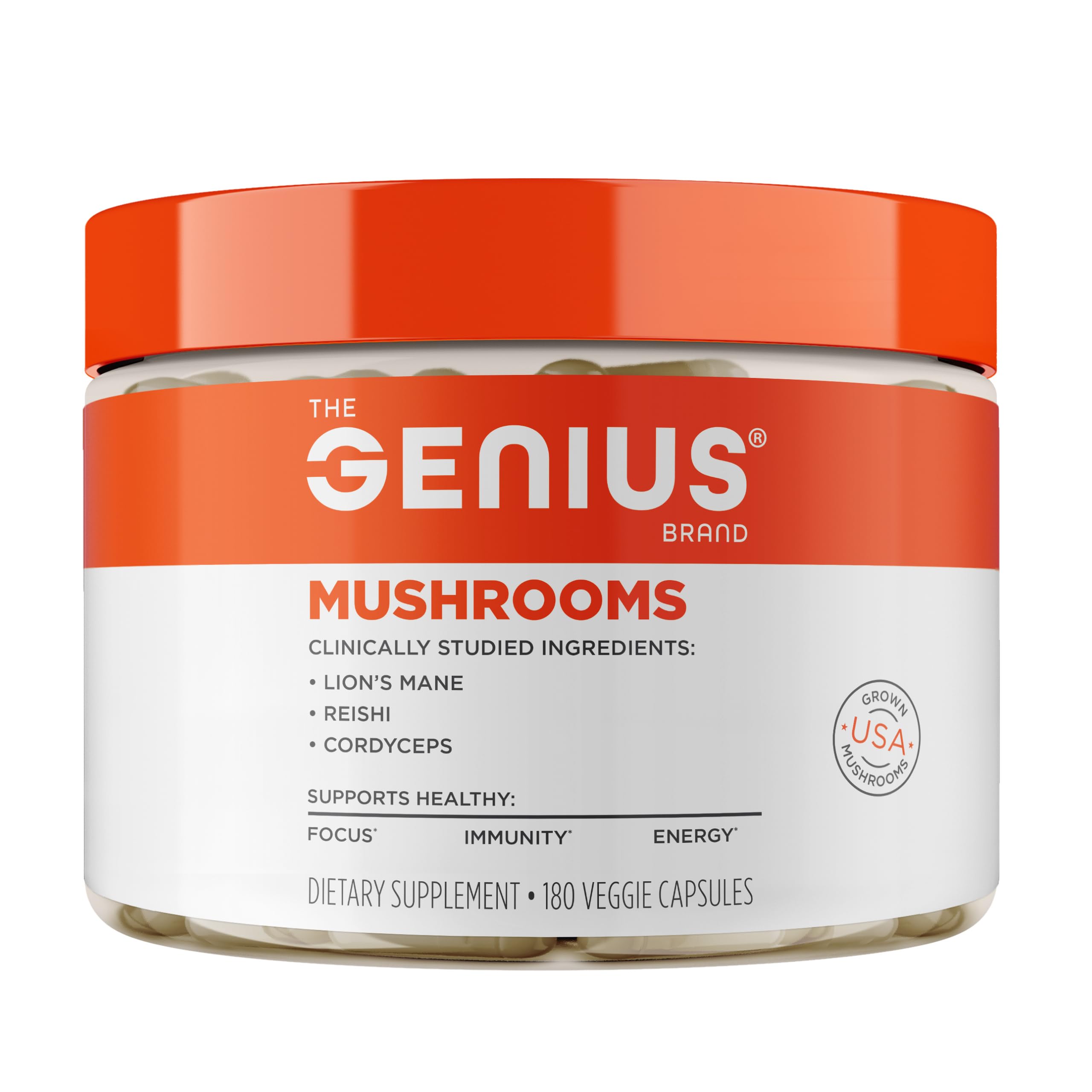 The Genius Brand mushroom supplement bottle for daily brain support.