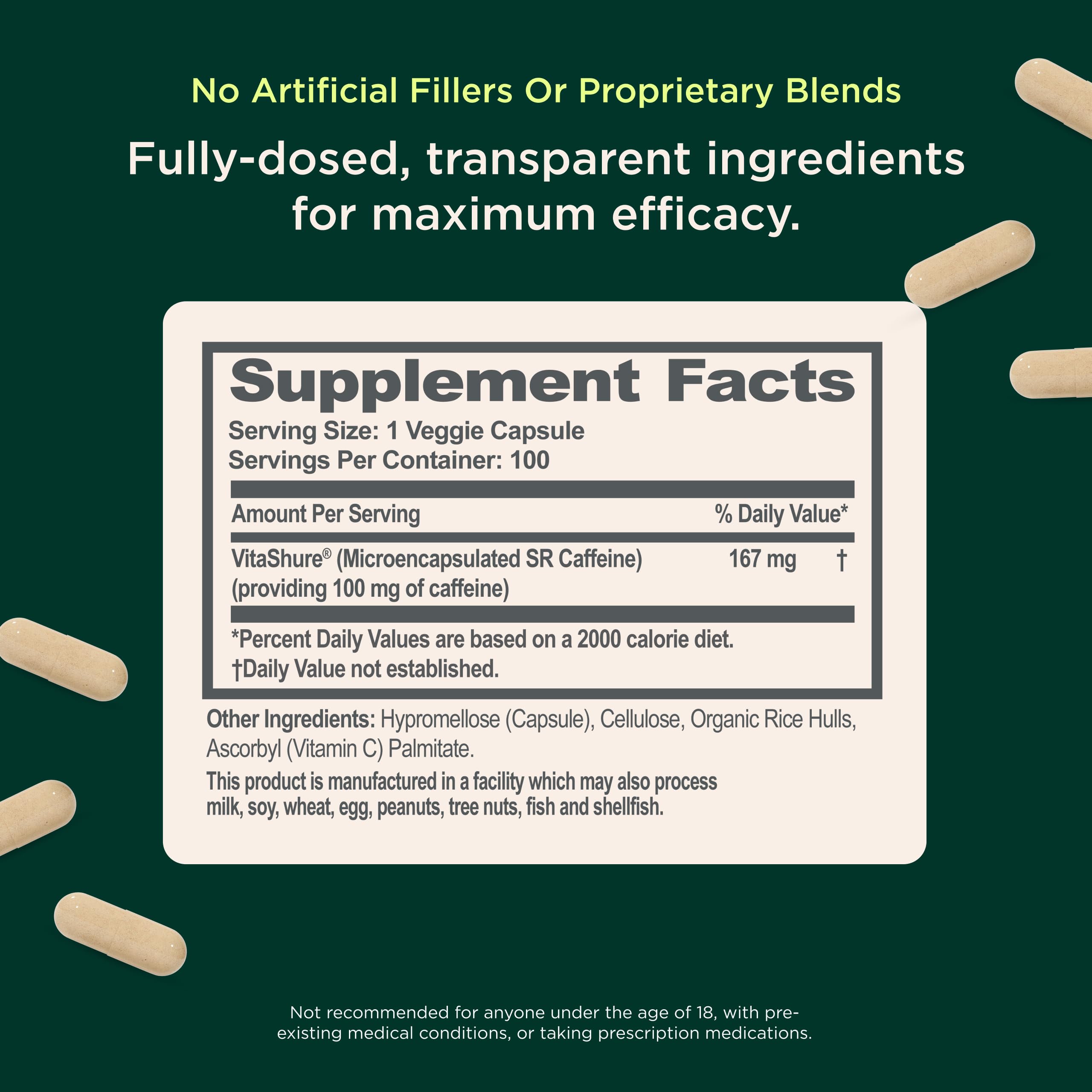 Genius Caffeine capsule close-up showing 100 mg microencapsulated dose for steady energy