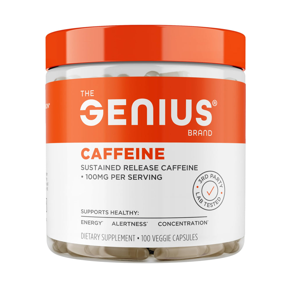 Genius Caffeine bottle showing steady energy for focus