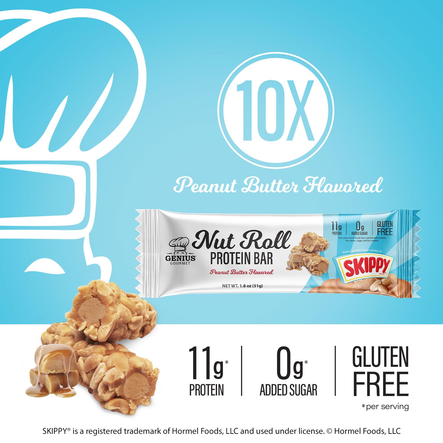 Close-up of caramel-style coating on Genius Gourmet SKIPPY bar