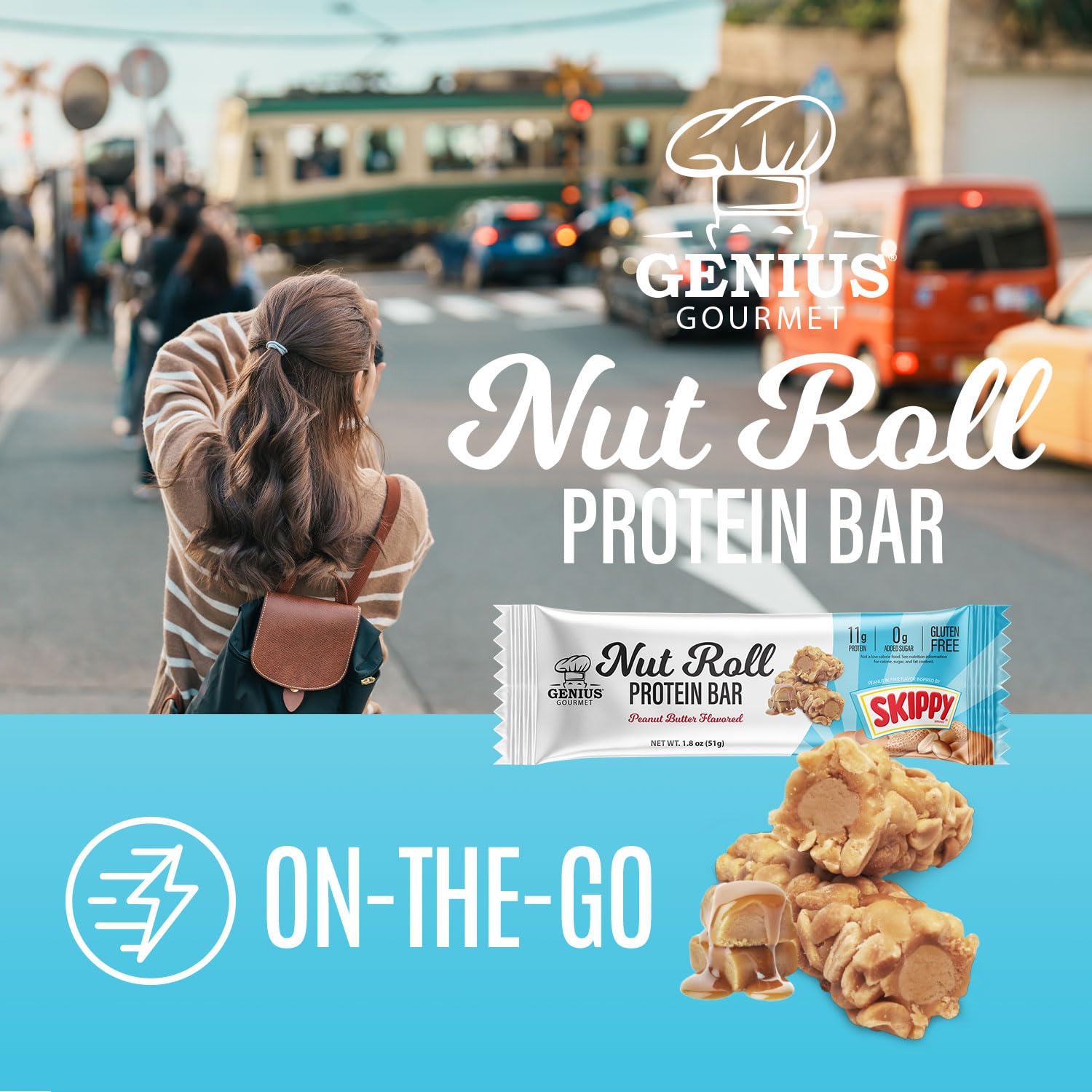 Gluten-free symbol displayed with Genius Gourmet SKIPPY bar