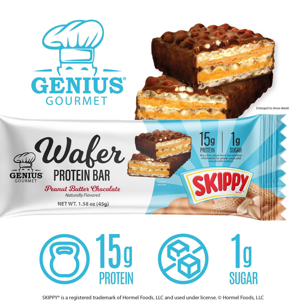 Genius Gourmet SKIPPY wafer bar shows crisp layers for bite-sized crunch