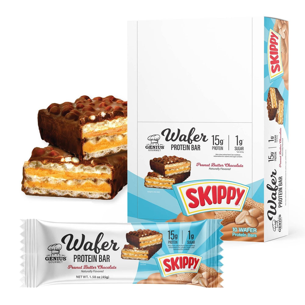 Genius Gourmet SKIPPY wafer bar peanut butter coating for a protein snack