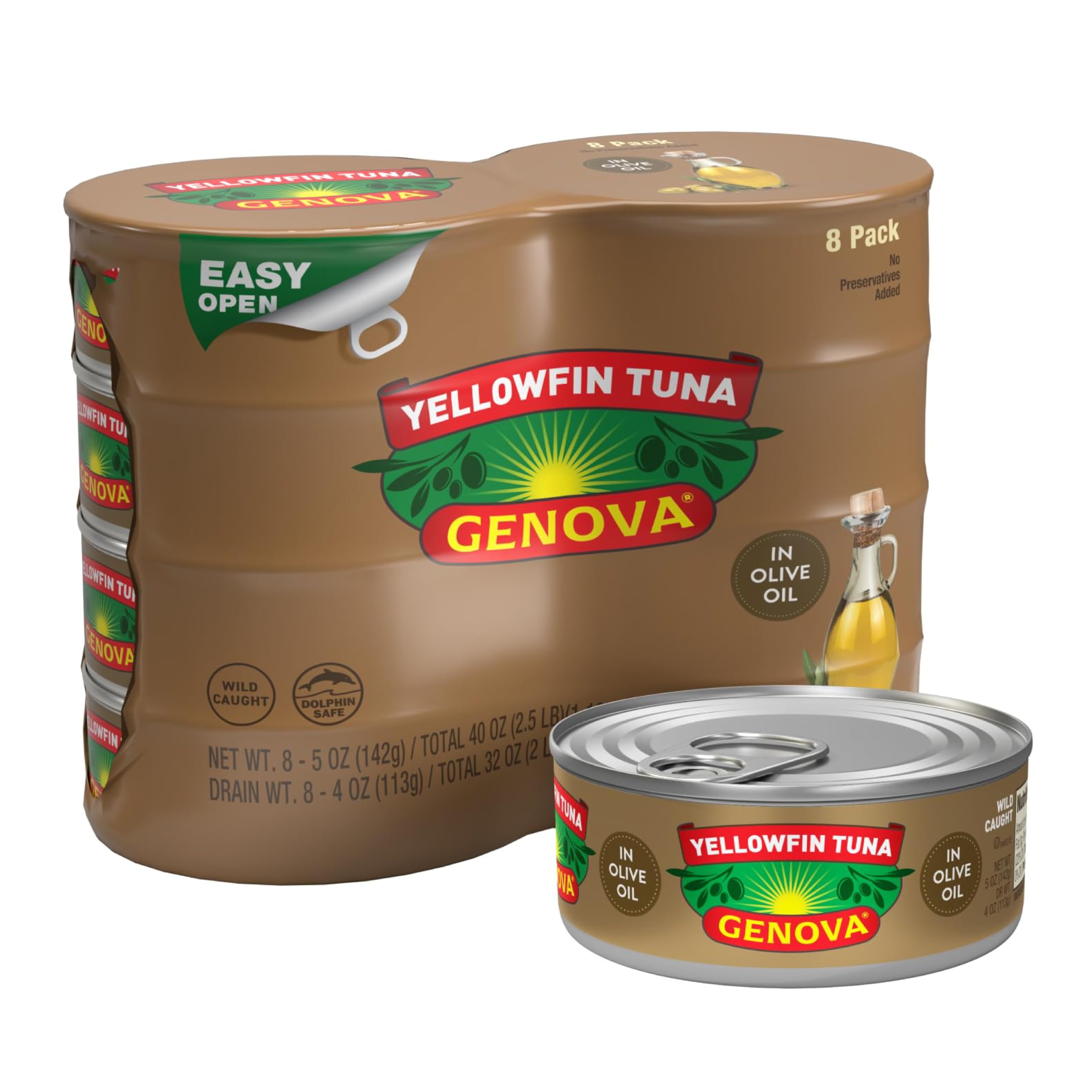 Genova yellowfin tuna in olive oil cans provide premium protein for quick meals.