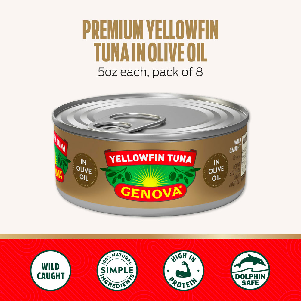 Genova yellowfin tuna in olive oil closeup showing texture and oil glaze.