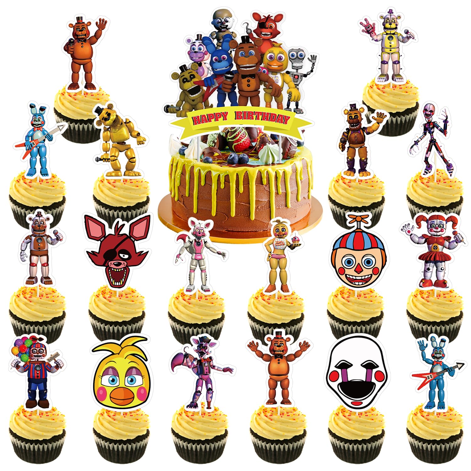 Genshii Freddy's big cake topper enhances the centerpiece for a Freddy's party