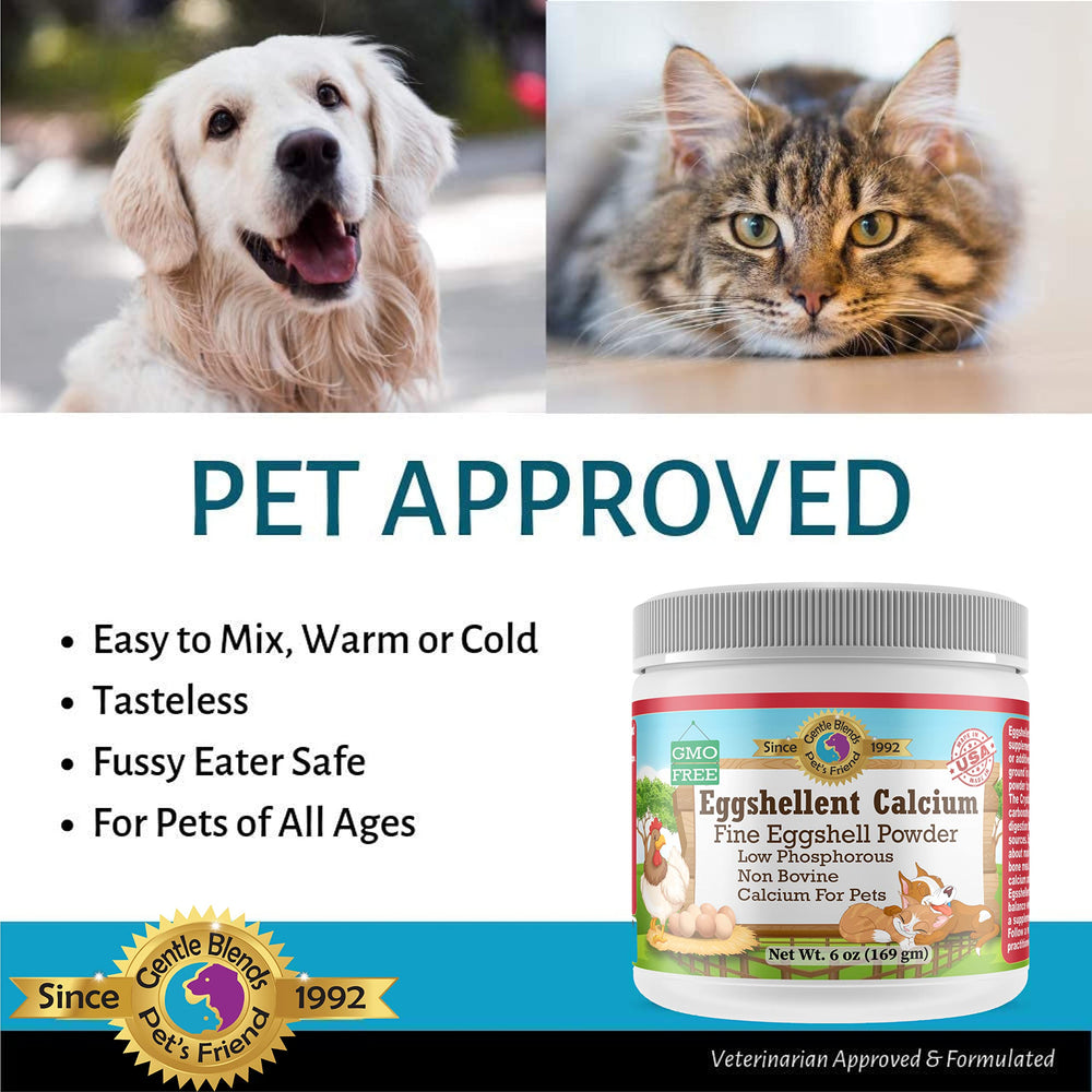 Gentle Blends Pet's Friend bottle label highlighting natural calcium supplement.