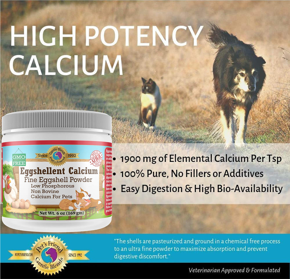 Gentle Blends Pet's Friend calcium powder with a measuring spoon for accurate servings.