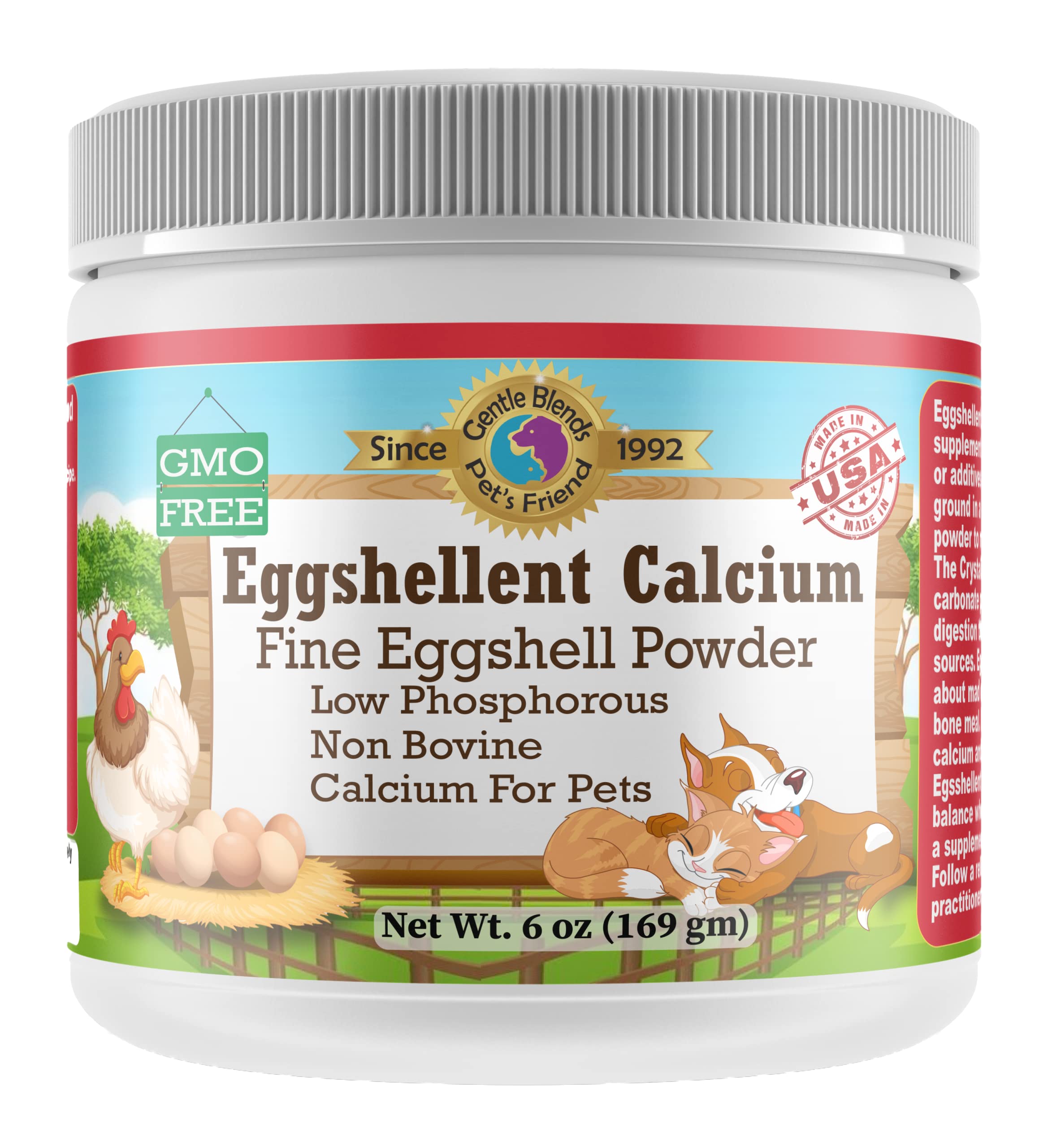 Gentle Blends Pet's Friend eggshell calcium bottle close-up for daily joint support.