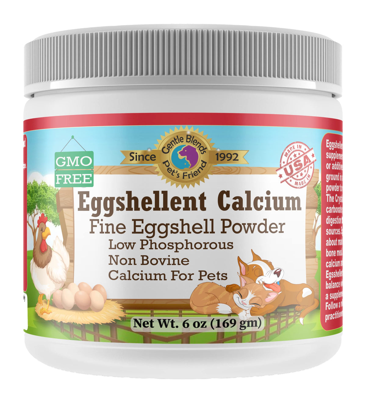 Gentle Blends Pet's Friend eggshell calcium bottle close-up for daily joint support.