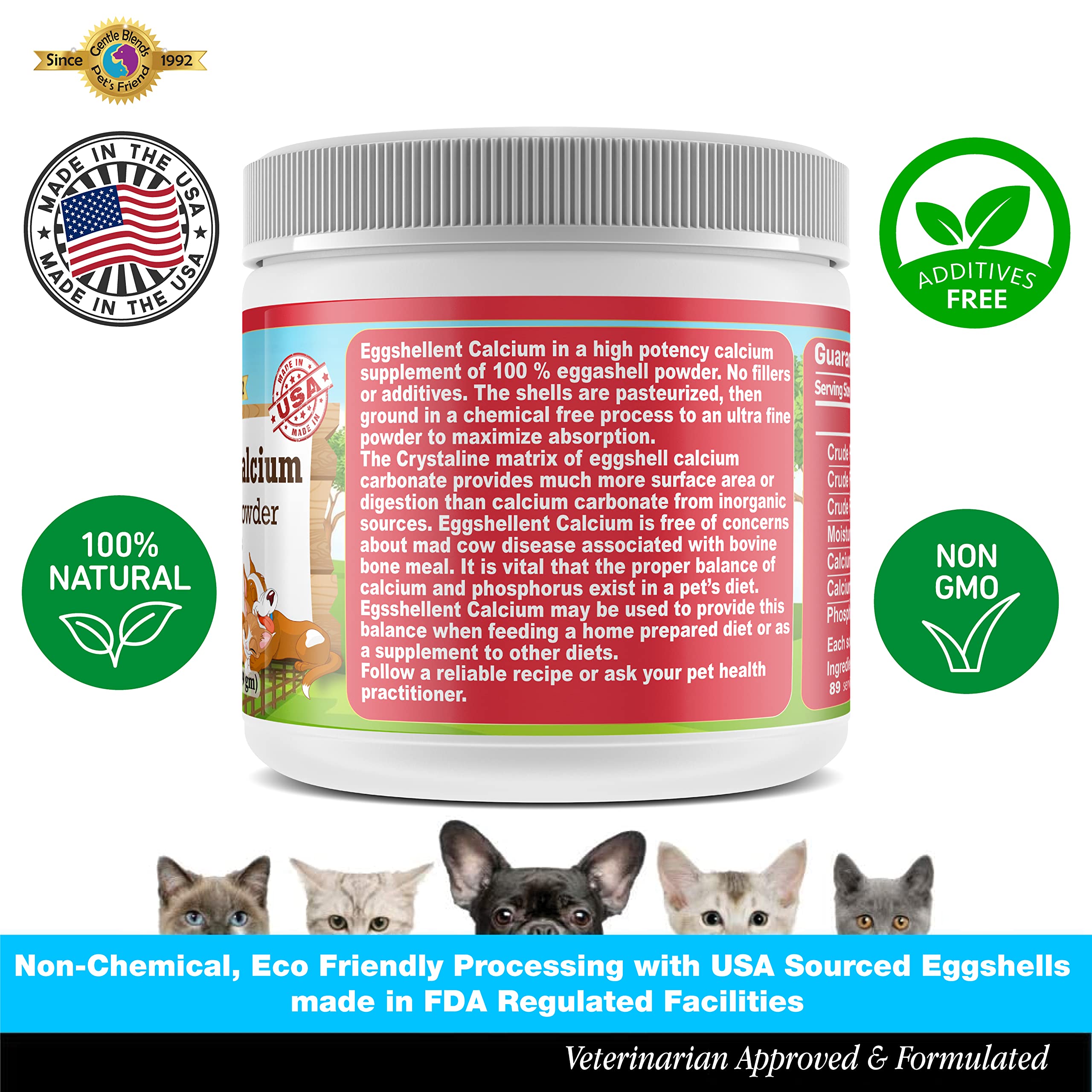 Pet's Friend eggshell calcium powder jar with label showing clean ingredients.