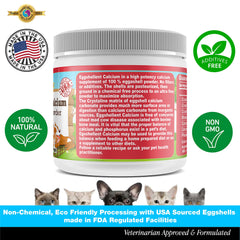Pet's Friend eggshell calcium powder jar with label showing clean ingredients.