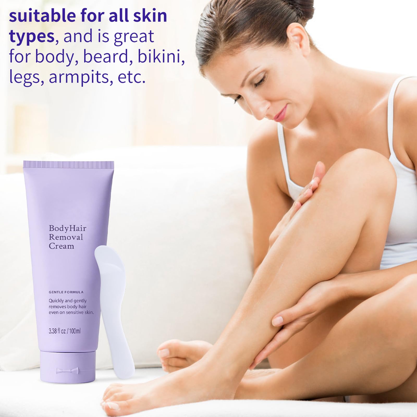 Face-area application of gentle body hair removal cream safe for delicate skin