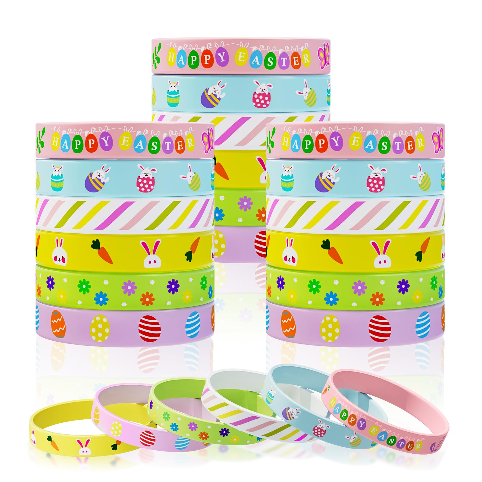 Genuvi Easter rubber bracelets in 30pc set, colorful bunny and egg designs for kids' party favors.
