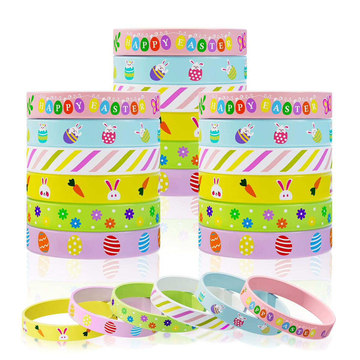 Genuvi Easter rubber bracelets in 30pc set, colorful bunny and egg designs for kids' party favors.