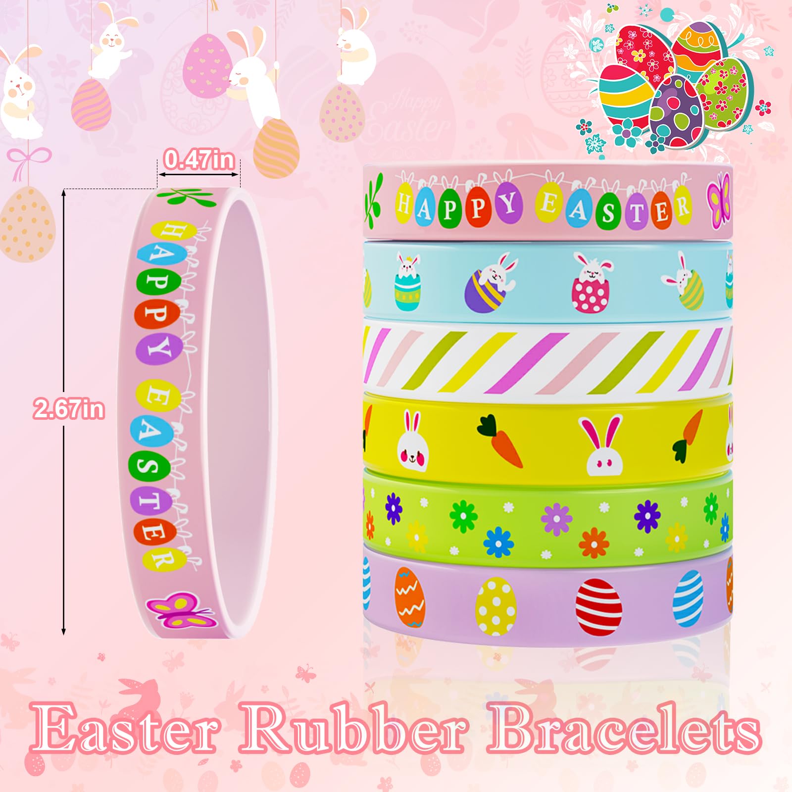 Genuvi Easter rubber bracelets six designs, soft odorless material for safe wear by children.