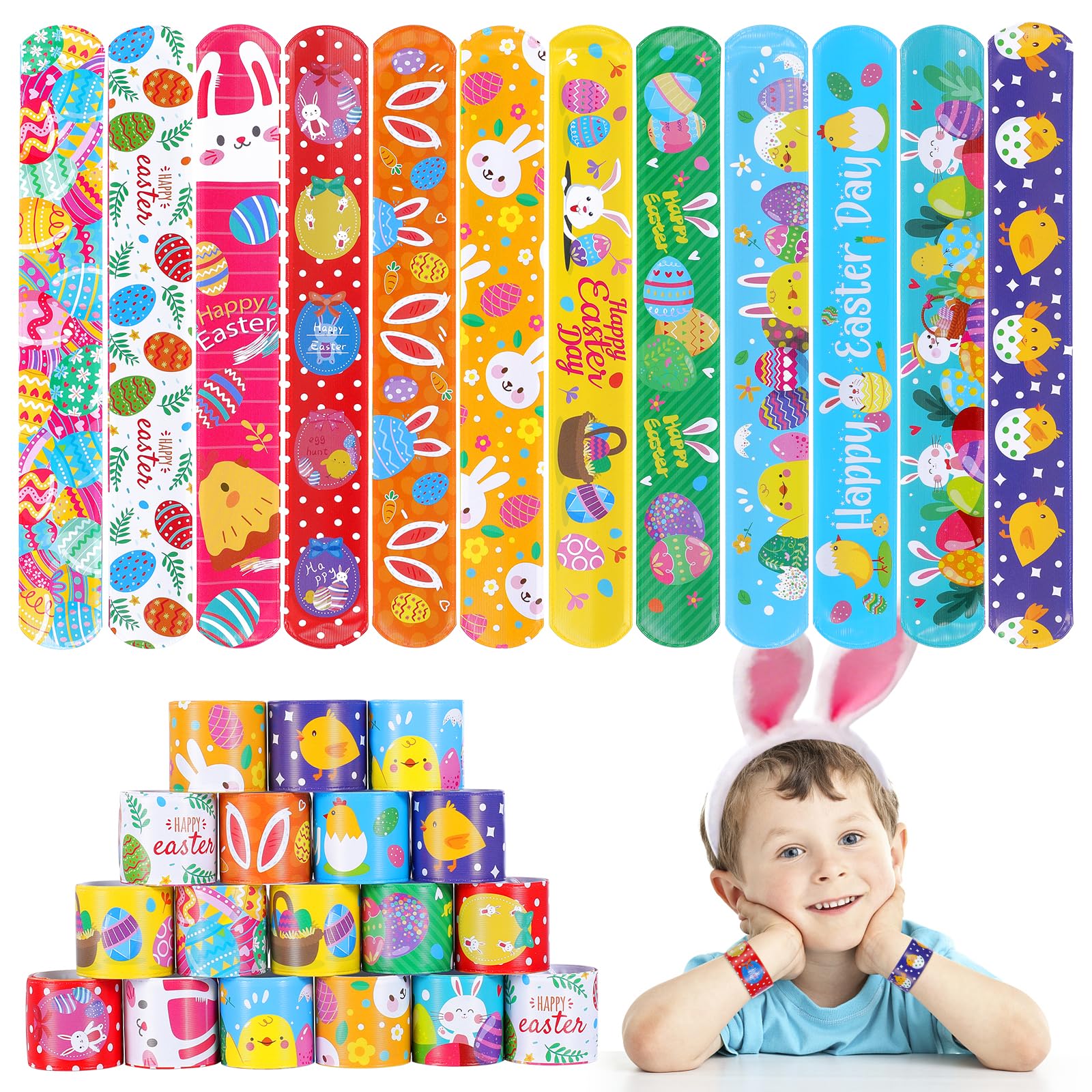 Genuvi Easter slap bracelets set features 12 colorful bunny and egg designs for kids.
