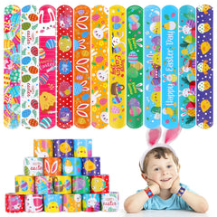 Genuvi Easter slap bracelets set features 12 colorful bunny and egg designs for kids.