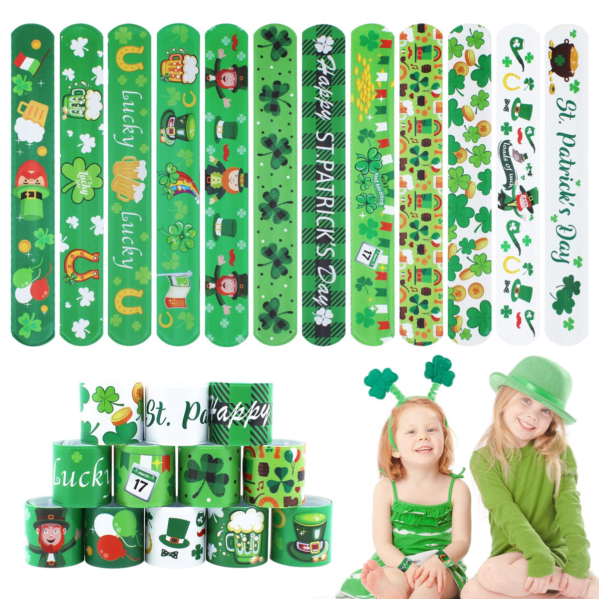 Genuvi St Patrick's slap bracelets bulk set for festive party favors.