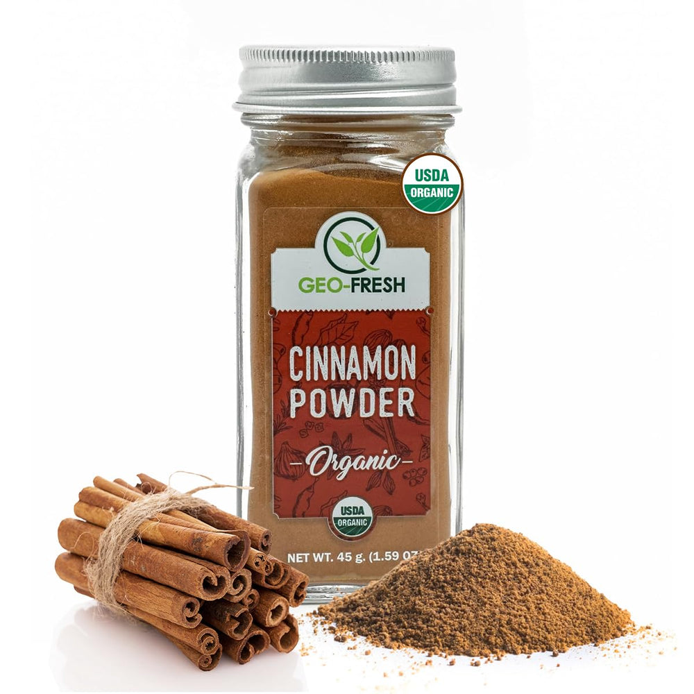 Geo-Fresh Cinnamon Powder in a glass jar ready for baking and cooking.
