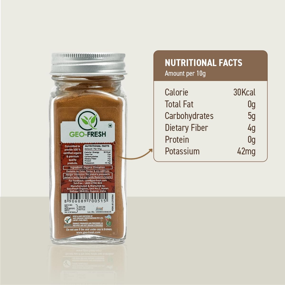Close-up of Geo-Fresh Cinnamon Powder label showing organic certification.