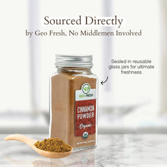 Geo-Fresh Cinnamon Powder being poured from the jar into a spoon.