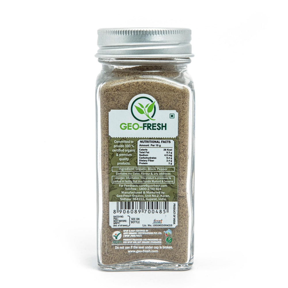 Geo-Fresh Organic Black Pepper Powder enhances dressings and sauces with depth.