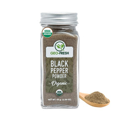 Geo-Fresh Organic Black Pepper Powder in a glass jar close-up for fresh flavor.