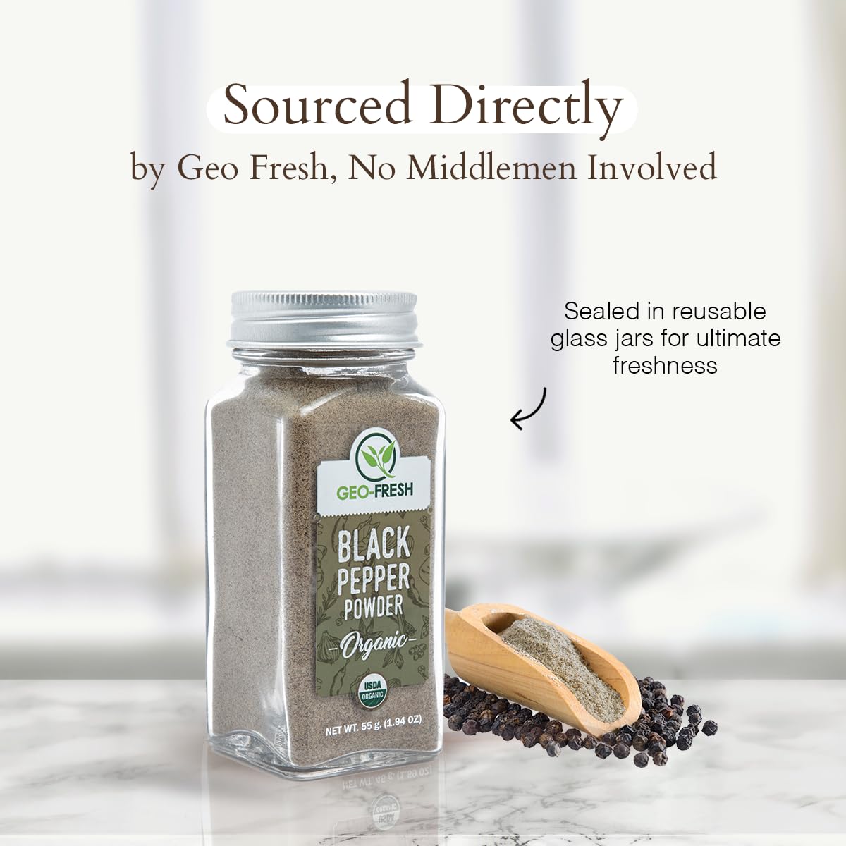 Geo-Fresh pepper powder being rubbed onto meat to create a savory crust.