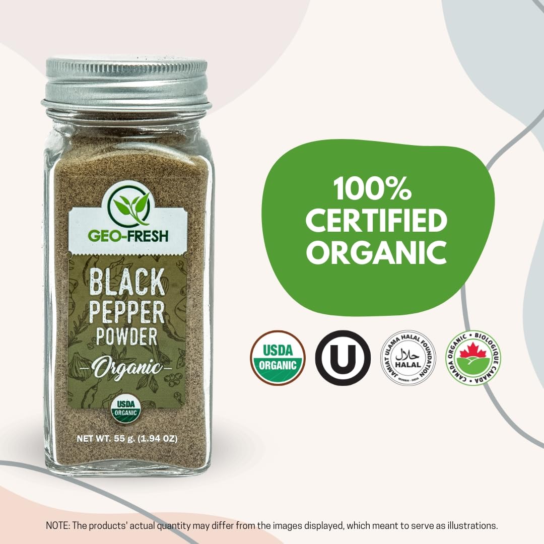 Geo-Fresh Organic Black Pepper Powder sprinkled over a dish for bold seasoning.