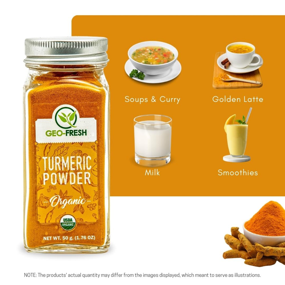 Geo-Fresh Organic Turmeric Latte cup with warm golden beverage