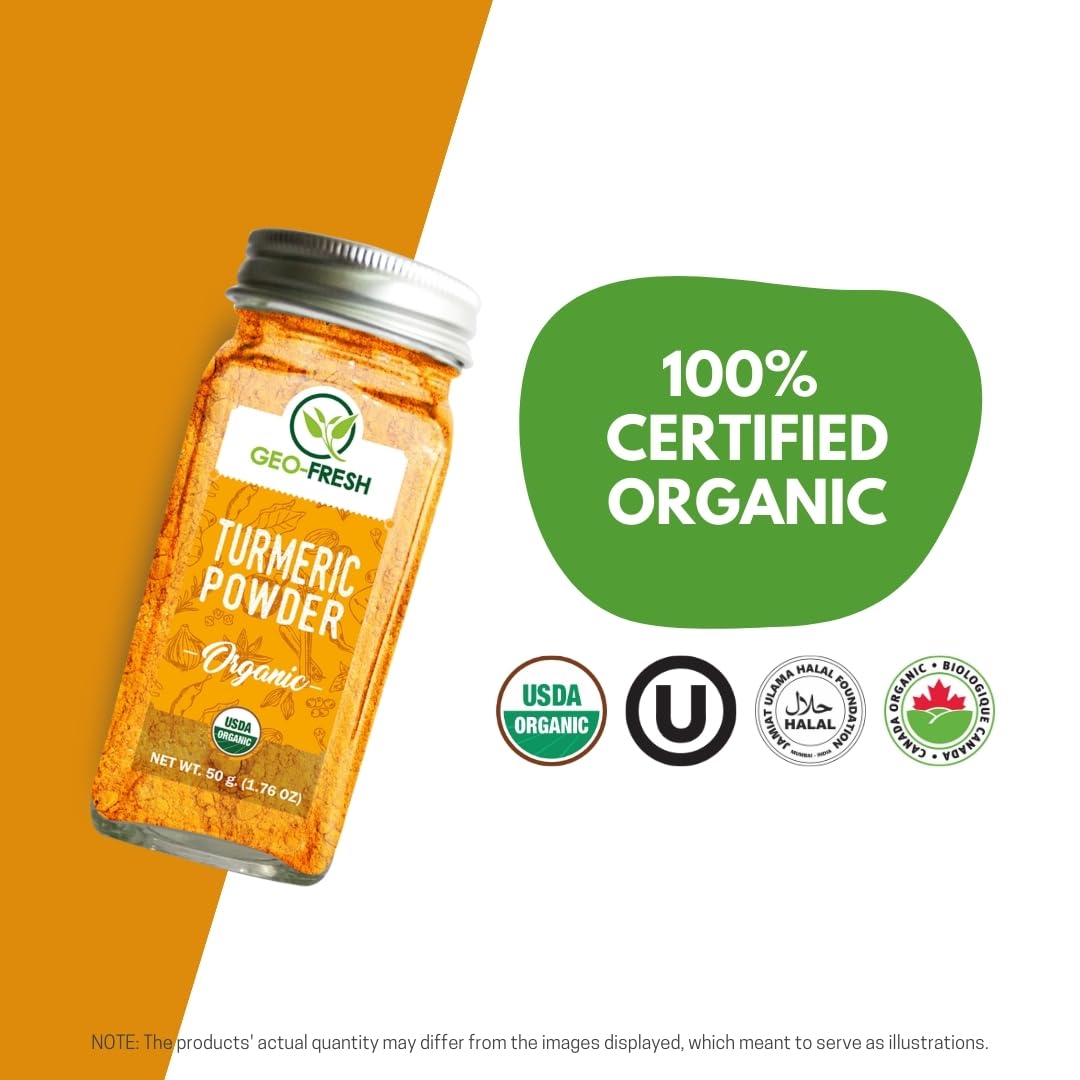 Geo-Fresh Organic Turmeric Powder label close-up showing certification