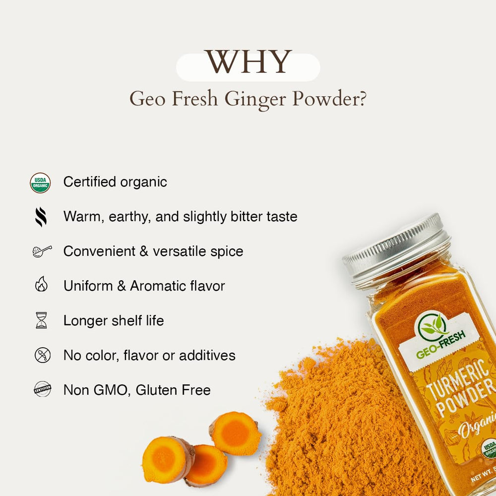 Geo-Fresh Organic Turmeric Powder on spoon reveals golden color