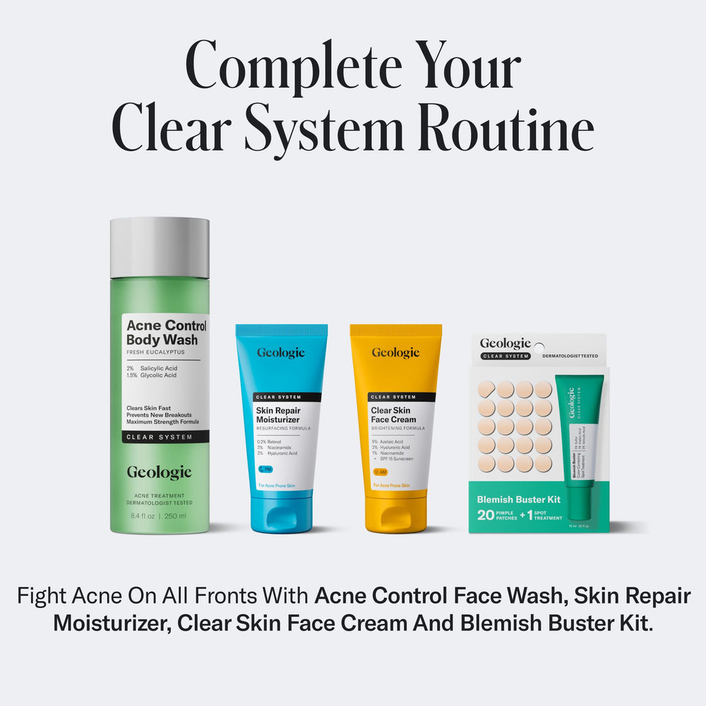 Geologie Acne Control Face Wash 6oz bottle on a bathroom counter.