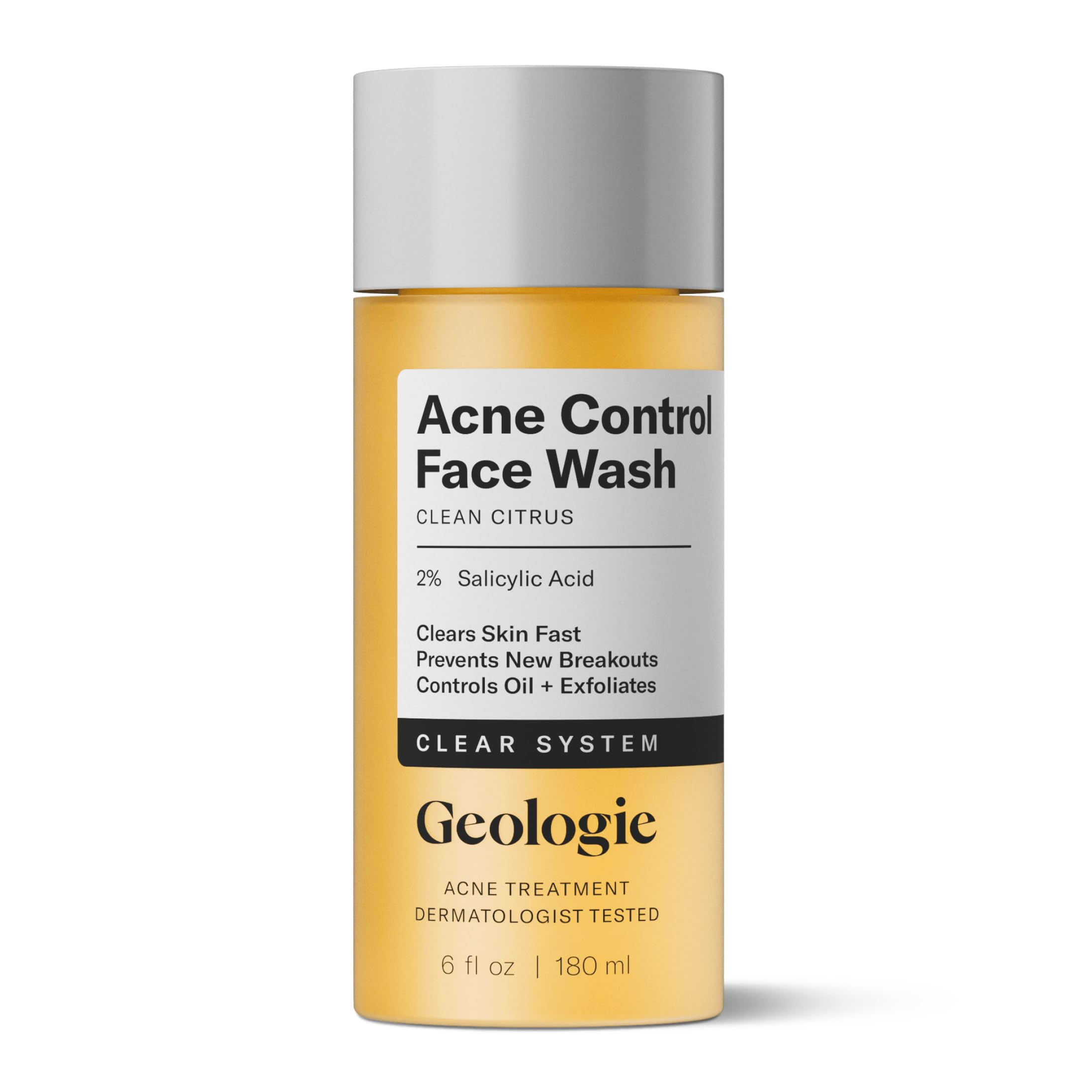 Geologie Acne Control Face Wash bottle front showing 6 oz size for daily oil control.