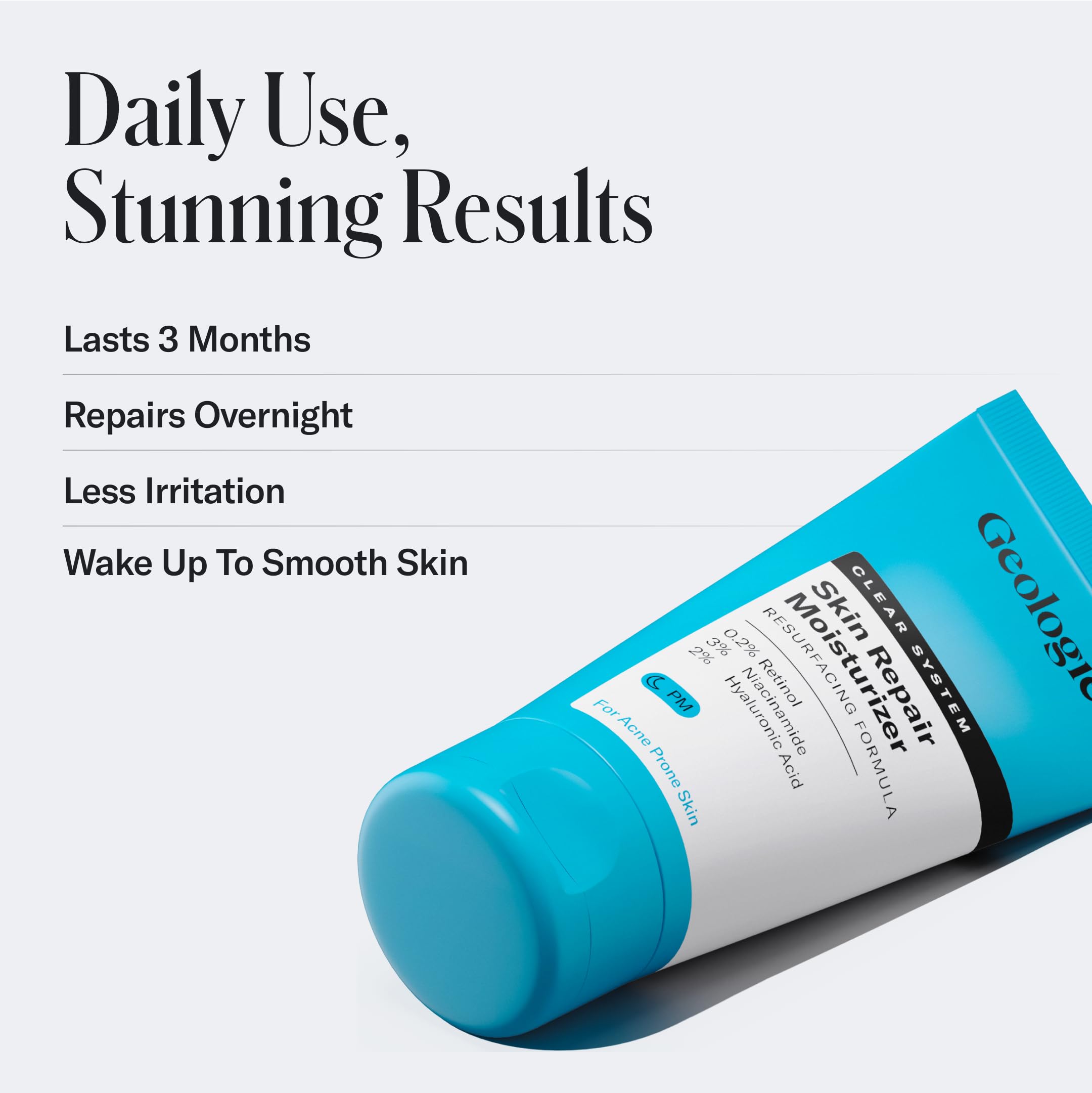 Geologie Night routine application demonstrates gentle renewal for blemish-prone skin.
